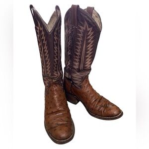 Brown Leather Full-quill Ostrich Western Cowboy Boots with Decorative Stitching